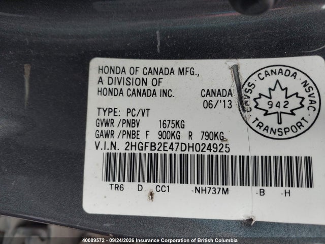 Продажа на аукционе авто 2013 Honda Civic, vin: 2HGFB2E47DH024925, номер лота: 40089572