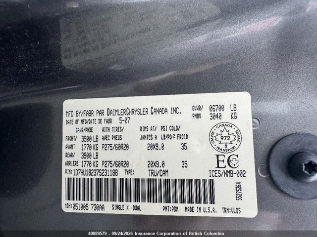 40089579 :رقم المزاد ، 1D7HU18237S231188 vin ، 2007 Dodge Ram 1500 St/slt مزاد بيع