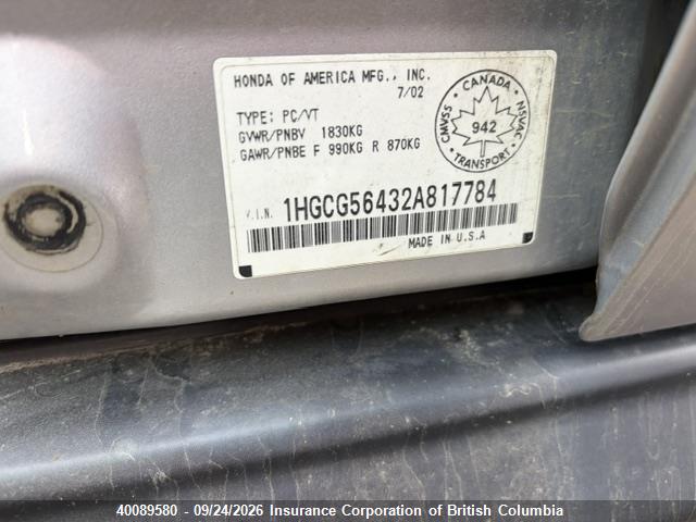 Aukcja sprzedaży 2002 Honda Accord Lx, vin: 1HGCG56432A817784, numer aukcji: 40089580