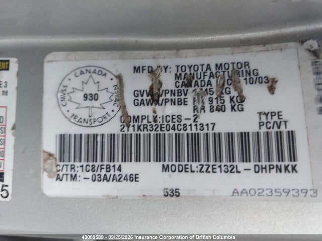 40089589 :رقم المزاد ، 2T1KR32E04C811317 vin ، 2004 Toyota Corolla Matrix Xr مزاد بيع