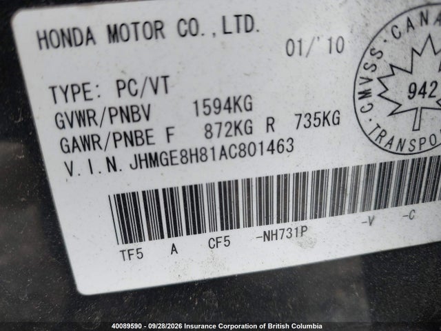 2010 Honda Fit მანქანა იყიდება აუქციონზე, vin: JHMGE8H81AC801463, აუქციონის ნომერი: 40089590