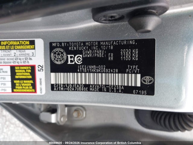 2019 Toyota Camry მანქანა იყიდება აუქციონზე, vin: 4T1B11HK9KU692428, აუქციონის ნომერი: 40089600