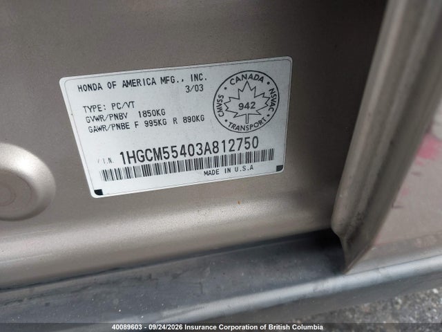 Aukcja sprzedaży 2003 Honda Accord Lx, vin: 1HGCM55403A812750, numer aukcji: 40089603