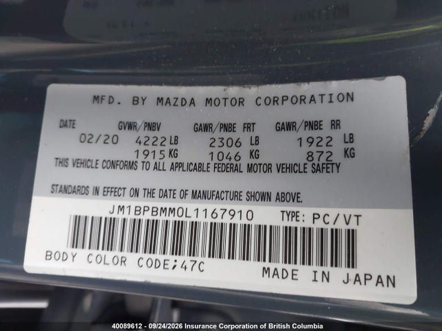 Aukcja sprzedaży 2020 Mazda 3 Preferred, vin: JM1BPBMM0L1167910, numer aukcji: 40089612