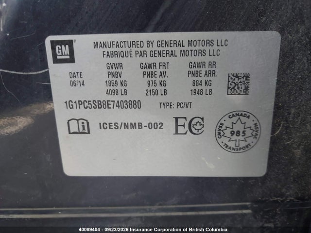 Chevrolet CRUZE LT 2014 1G1PC5SB8E7403880 Image 9