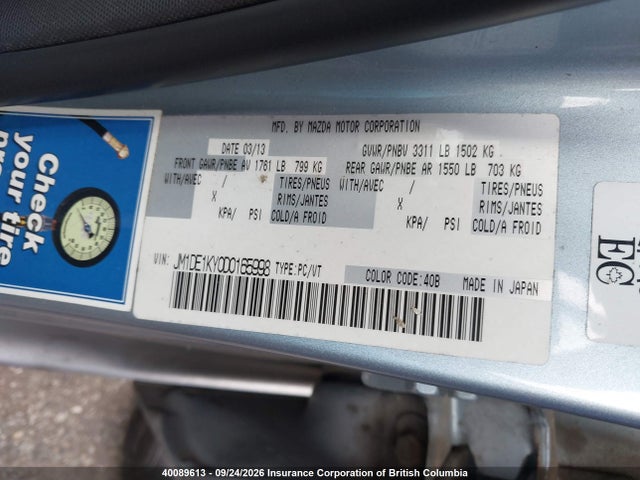 40089613 :رقم المزاد ، JM1DE1KY0D0165998 vin ، 2013 Mazda Mazda2 Gx مزاد بيع