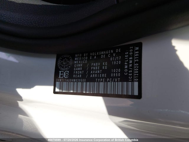 40078599 :رقم المزاد ، 3VWTT7AU9HM039500 vin ، 2017 Volkswagen Gti S مزاد بيع