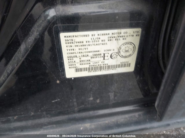 Aukcja sprzedaży 2007 Nissan Sentra 2.0/2.0s/2.0sl, vin: 3N1AB61E17L627401, numer aukcji: 40089626