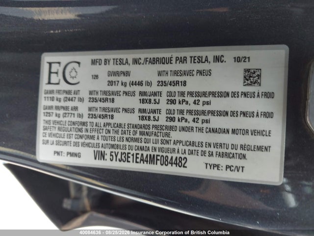 5YJ3E1EA4MF084482 Tesla MODEL 3
