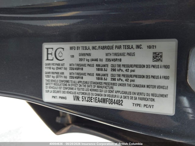 5YJ3E1EA4MF084482 Tesla MODEL 3