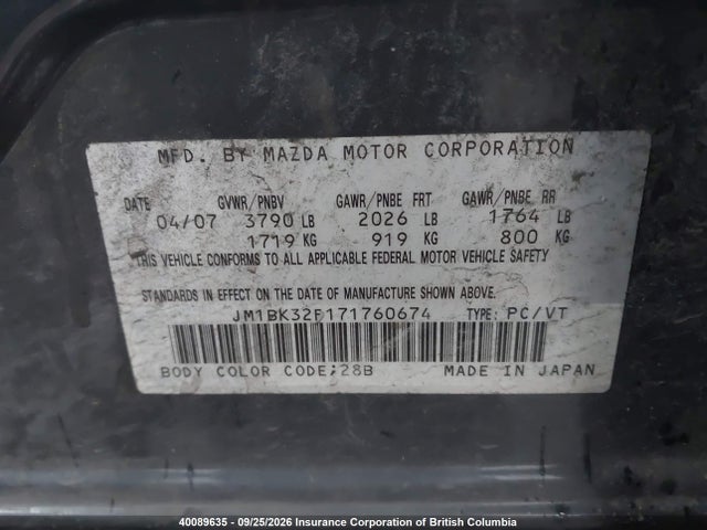 Продажа на аукционе авто 2007 Mazda Mazda3 Gs/gx, vin: JM1BK32F171760674, номер лота: 40089635