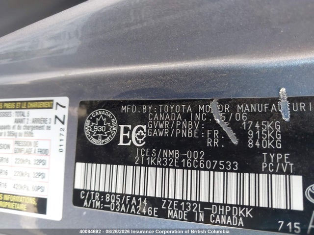 40084692 :رقم المزاد ، 2T1KR32E16C607533 vin ، 2006 Toyota Corolla Matrix Xr مزاد بيع