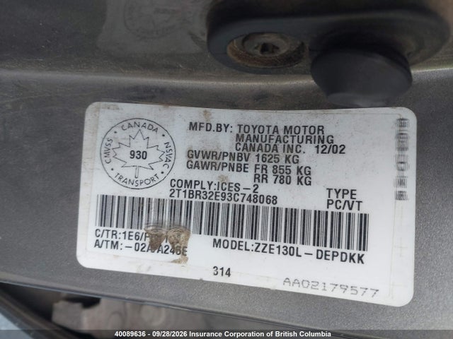 Aukcja sprzedaży 2003 Toyota Corolla Ce/le/s, vin: 2T1BR32E93C748068, numer aukcji: 40089636