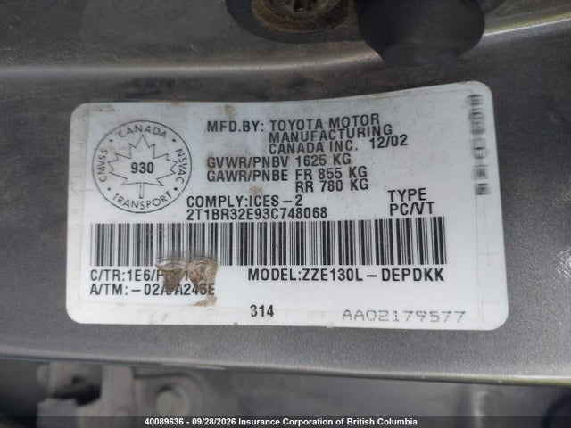Aukcja sprzedaży 2003 Toyota Corolla Ce/le/s, vin: 2T1BR32E93C748068, numer aukcji: 40089636