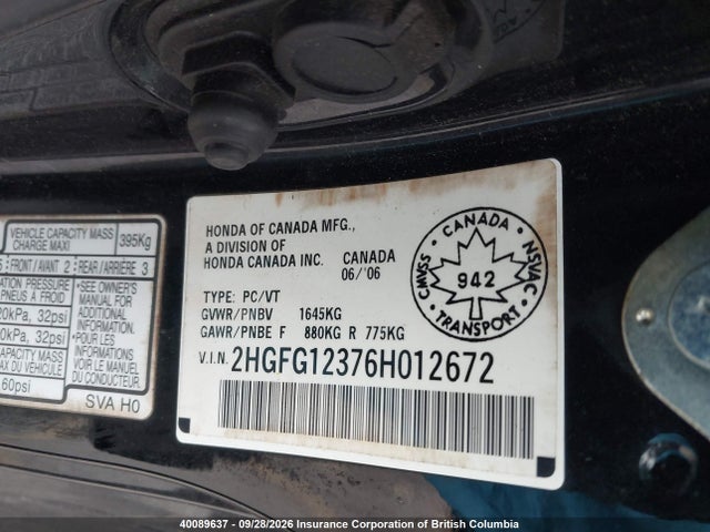 Aukcja sprzedaży 2006 Honda Civic, vin: 2HGFG12376H012672, numer aukcji: 40089637