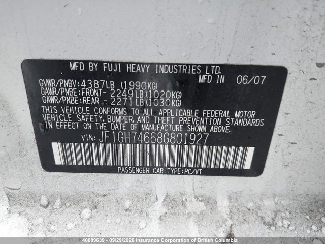Auction sale of the 2008 Subaru Impreza Wrx, vin: JF1GH74668G801927, lot number: 40089639