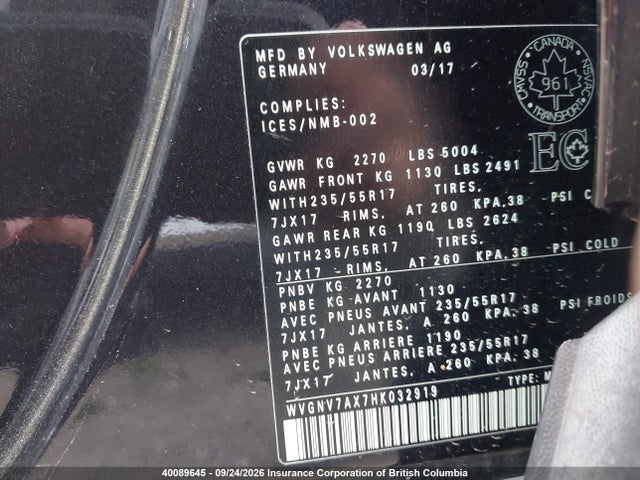 Aukcja sprzedaży 2017 Volkswagen Tiguan Wolfsburg Edition, vin: WVGNV7AX7HK032919, numer aukcji: 40089645