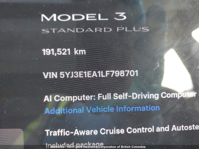 5YJ3E1EA1LF798701 Tesla MODEL 3