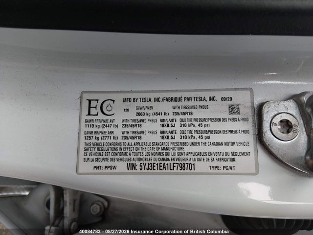 5YJ3E1EA1LF798701 Tesla MODEL 3