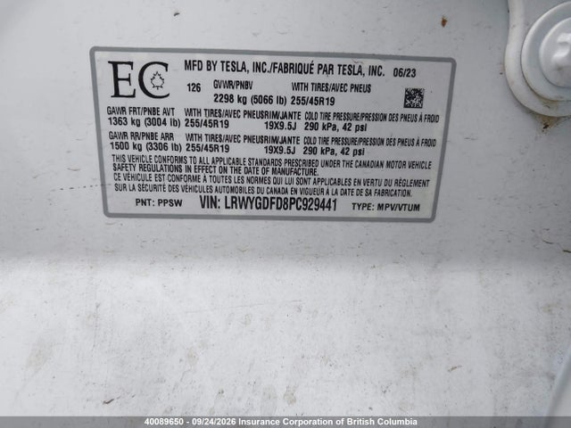 40089650 :رقم المزاد ، LRWYGDFD8PC929441 vin ، 2023 Tesla Model Y مزاد بيع