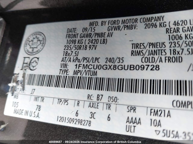 40089657 :رقم المزاد ، 1FMCU0GX8GUB09728 vin ، 2016 Ford Escape Se مزاد بيع