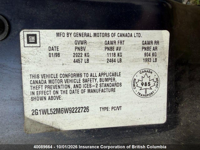 Aukcja sprzedaży 1998 Chevrolet Lumina Ls, vin: 2G1WL52M6W9222726, numer aukcji: 40089664