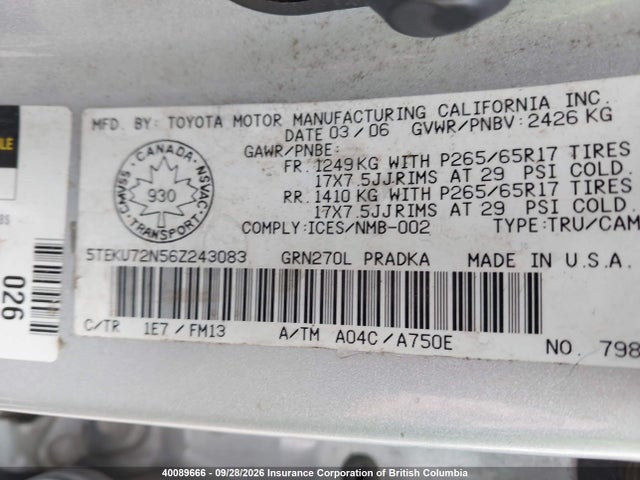 Aukcja sprzedaży 2006 Toyota Tacoma Prerunner V6, vin: 5TEKU72N56Z243083, numer aukcji: 40089666