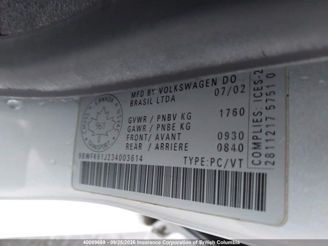 Aukcja sprzedaży 2003 Volkswagen Golf, vin: 9BWFK61J234003614, numer aukcji: 40089669