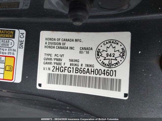 Auction sale of the 2010 Honda Civic, vin: 2HGFG1B66AH004601, lot number: 40089673