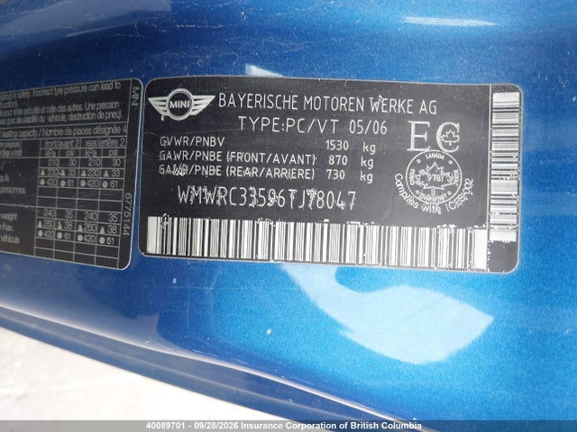 Продажа на аукционе авто 2006 Mini Cooper, vin: WMWRC33596TJ78047, номер лота: 40089701