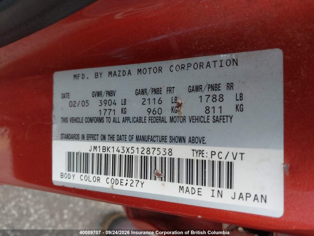 Aukcja sprzedaży 2005 Mazda 3 Hatchback, vin: JM1BK143X51287538, numer aukcji: 40089707
