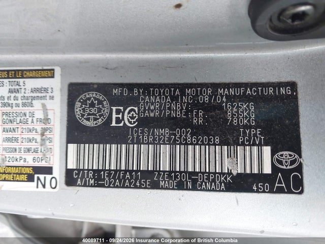 Продажа на аукционе авто 2005 Toyota Corolla Ce/le/s, vin: 2T1BR32E75C862038, номер лота: 40089711
