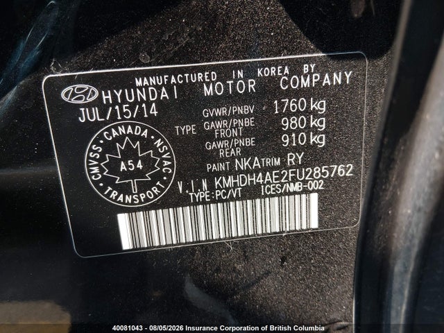 2015 Hyundai Elantra Se/sport/limited მანქანა იყიდება აუქციონზე, vin: KMHDH4AE2FU285762, აუქციონის ნომერი: 40081043