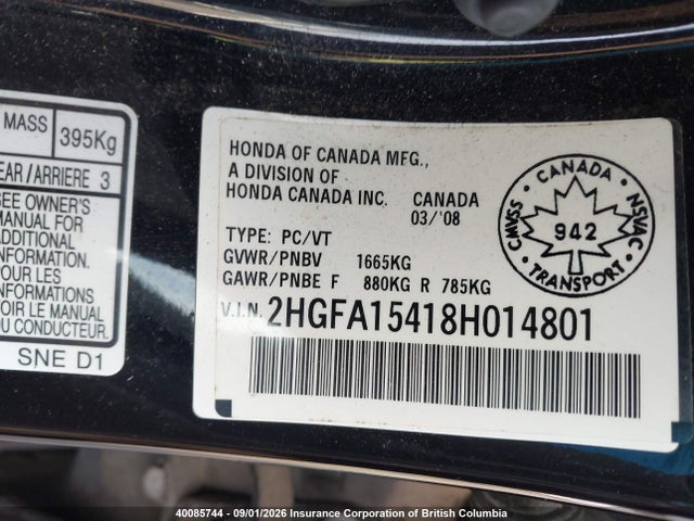 2008 Honda Civic Dx-g მანქანა იყიდება აუქციონზე, vin: 2HGFA15418H014801, აუქციონის ნომერი: 40085744