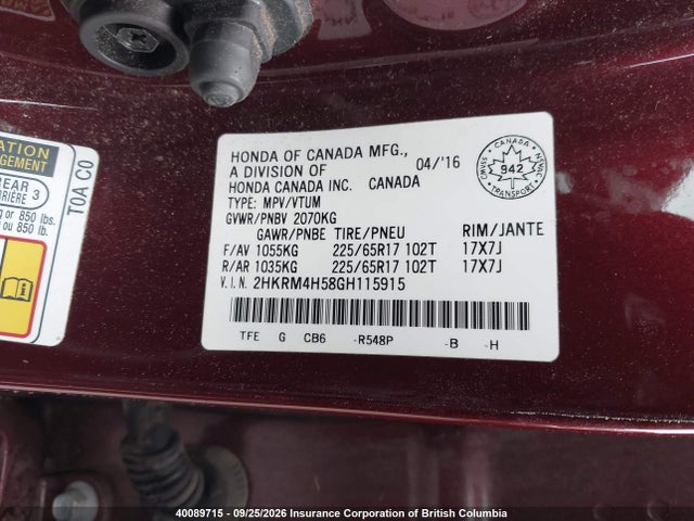 Honda CR-V 2016 2HKRM4H58GH115915 Image 9
