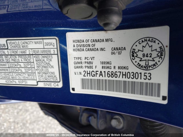 Aukcja sprzedaży 2007 Honda Civic, vin: 2HGFA16867H030153, numer aukcji: 40089725
