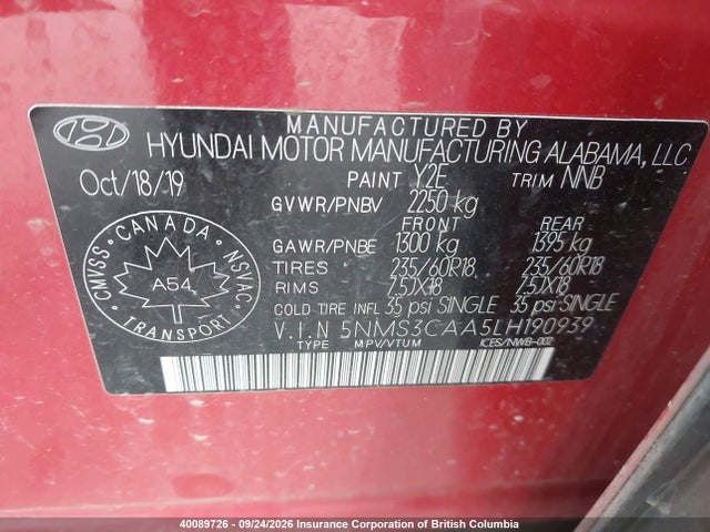 40089726 :رقم المزاد ، 5NMS3CAA5LH190939 vin ، 2020 Hyundai Santa Fe Sel/sel Plus مزاد بيع