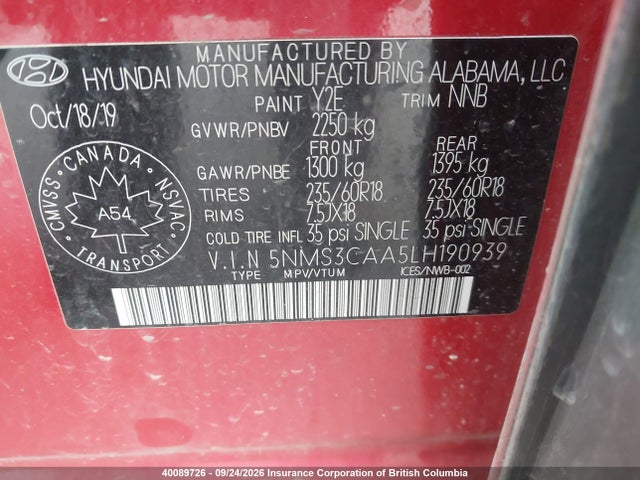 40089726 :رقم المزاد ، 5NMS3CAA5LH190939 vin ، 2020 Hyundai Santa Fe Sel/sel Plus مزاد بيع