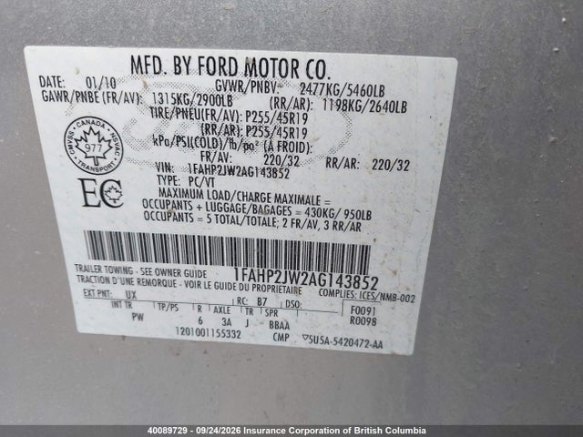 Aukcja sprzedaży 2010 Ford Taurus Limited, vin: 1FAHP2JW2AG143852, numer aukcji: 40089729