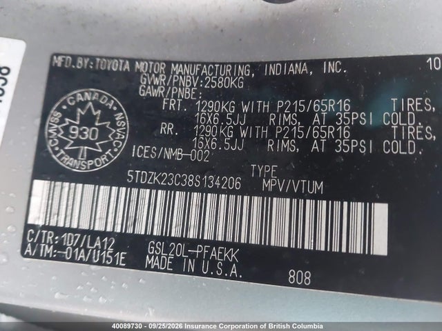 2008 Toyota Sienna Ce/le მანქანა იყიდება აუქციონზე, vin: 5TDZK23C38S134206, აუქციონის ნომერი: 40089730