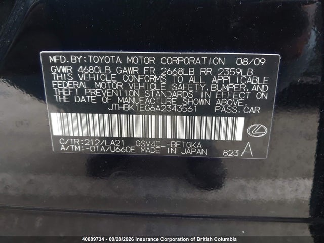 40089734 :رقم المزاد ، JTHBK1EG6A2343561 vin ، 2010 Lexus Es350 مزاد بيع