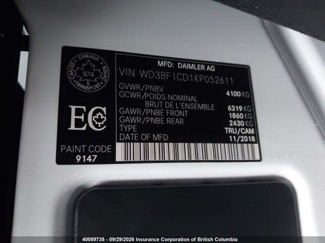 Продаж на аукціоні авто 2019 Mercedes-benz Sprinter 2500 High Roof V6, vin: WD3BF1CD1KP052611, номер лоту: 40089738