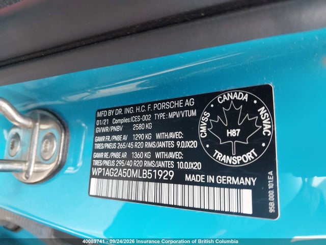 40089741 :رقم المزاد ، WP1AG2A50MLB51929 vin ، 2021 Porsche Macan مزاد بيع