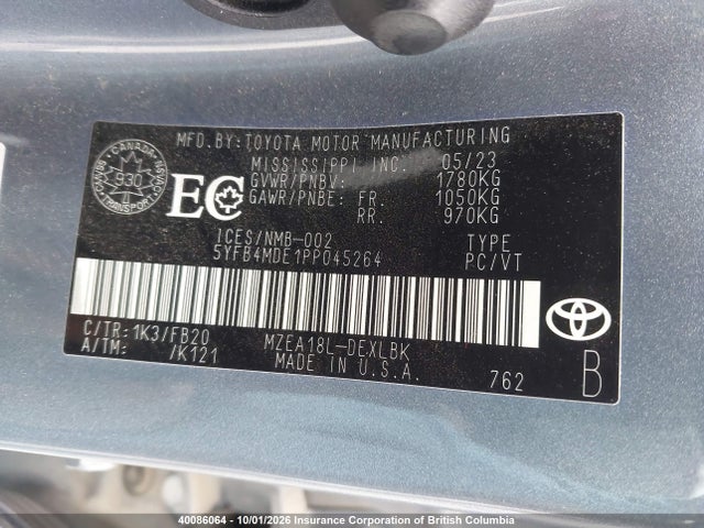 Продажа на аукционе авто 2023 Toyota Corolla Le, vin: 5YFB4MDE1PP045264, номер лота: 40086064