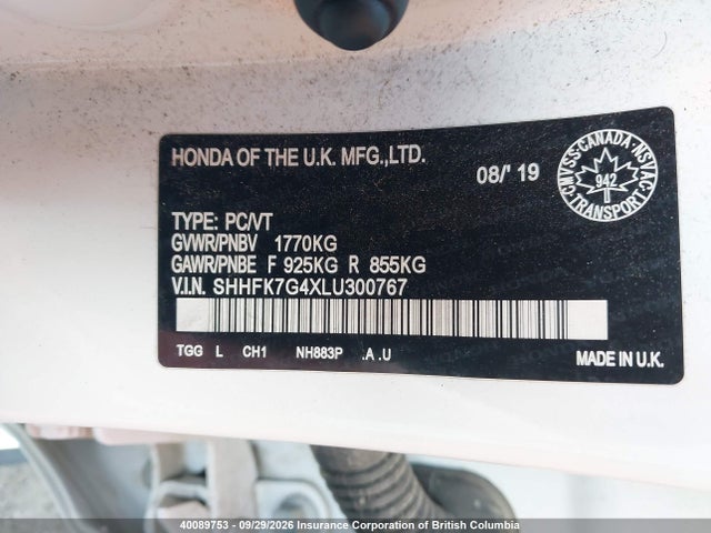 Honda Civic 2020 SHHFK7G4XLU300767 Image 9