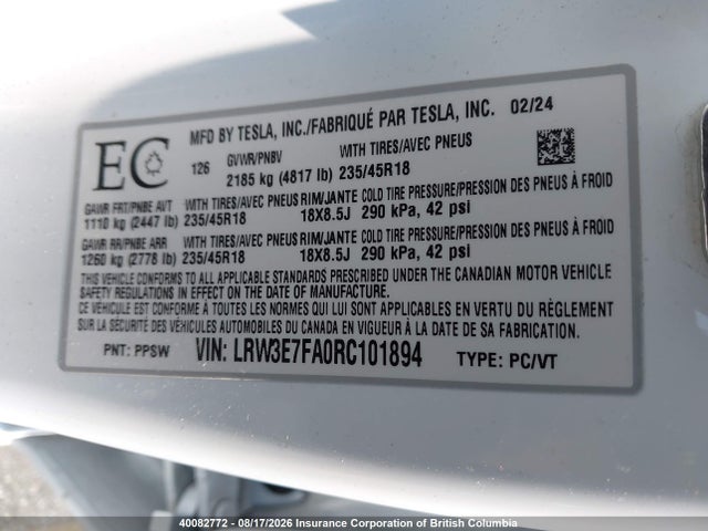LRW3E7FA0RC101894 Tesla MODEL 3
