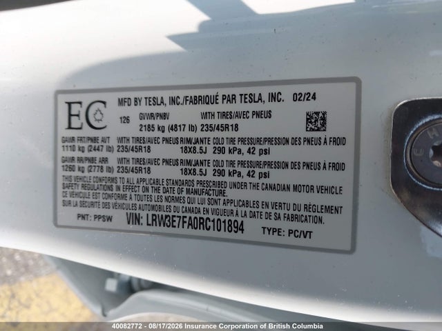 LRW3E7FA0RC101894 Tesla MODEL 3