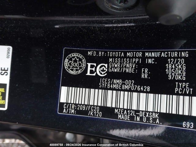 2021 Toyota Corolla Se მანქანა იყიდება აუქციონზე, vin: 5YFB4MBE8MP076428, აუქციონის ნომერი: 40089758