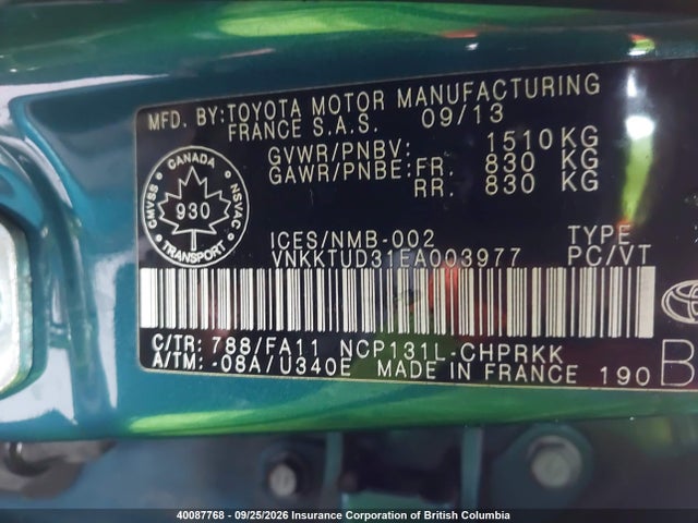 2014 Toyota Yaris მანქანა იყიდება აუქციონზე, vin: VNKKTUD31EA003977, აუქციონის ნომერი: 40087768