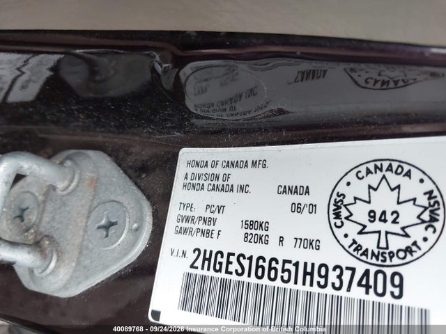 40089768 :رقم المزاد ، 2HGES16651H937409 vin ، 2001 Honda Civic مزاد بيع